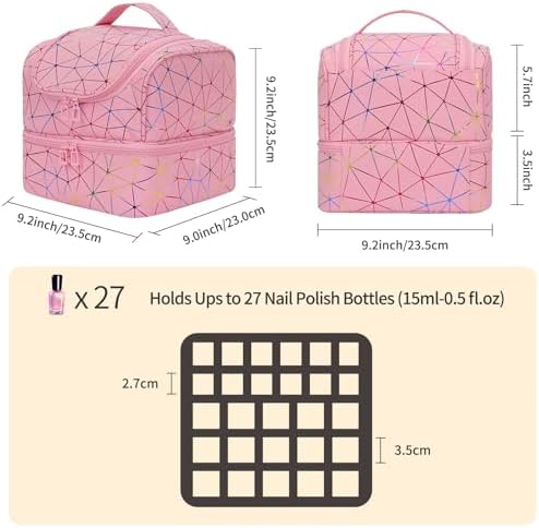 CUBETASTIC Nail Polish Organizer Bag, Double Layer Nail Tech Travel Case Holds 27 Bottles & Nail Lamp, Pink Nail Storage Organizer Box for Supplies, Portable Manicure Case