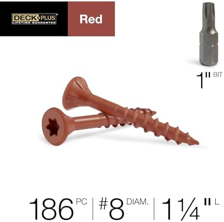 Deck Plus 1-1/4 Inch Epoxy Coated Exterior Wood and Fence Screws #8 x 1-1/4" Torx/Star Drive Included Coarse Thread, Outdoor Rust Resistant Decking Screw, Red, 1lb Box, 186 Pieces | 48424