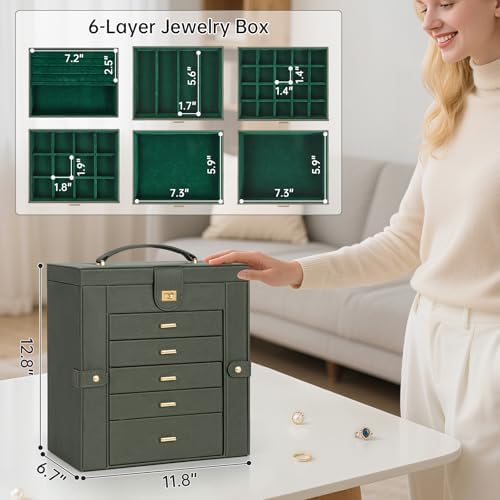 AKOZLIN 6-Tier Jewelry Box Organizer 5 Drawers Storage XLarge Darkgreen