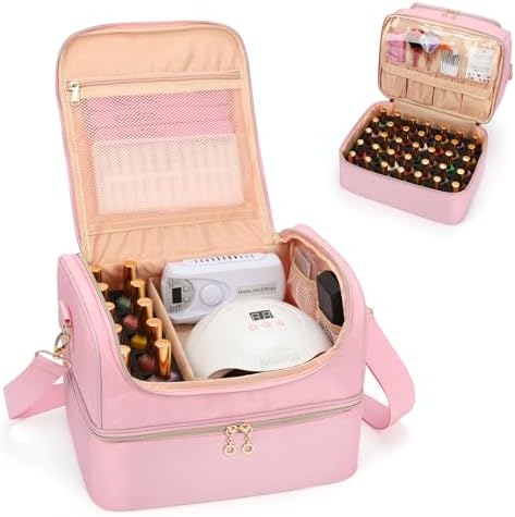 CUBETASTIC Nail Polish Organizer Case, Nail Supplies Storage Box Holds Nail Polish Bottles & Nail Lamp, Travel Nail Tech Carrying Case, Nail Kit Bag For Nail Stuff & Manicure Tools (Pink, 45 Slots)