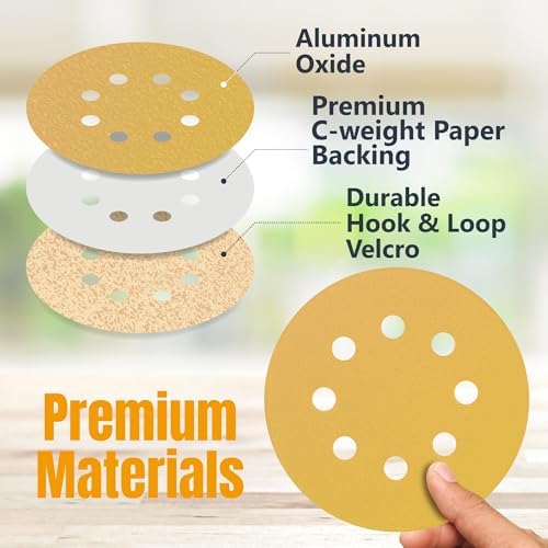 POWERTEC 50 PCS 60 Grit - 5 Inch 8 Hole Hook and Loop Sanding Discs, 5" Sanding Pads for Automotive, Drywall, Woodworking with Orbital Sander, Air, and DA Sander (44006G-50)