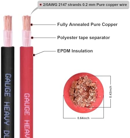 2/0 Gauge Battery Cable, 30FT Red 2/0 AWG Pure Copper Wire Welding Cable, for Automotive, Battery, Solar and Generator, Standard USA OFC Wire