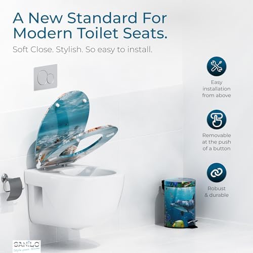 Sanilo Wooden Toilet Seat with Quick Release & Soft Close [ROUND] - Decorative & Slow Close Molded Wood Seat - With One Click for Easy Installation & Cleaning - With Adjustable Fit (Waterworld)