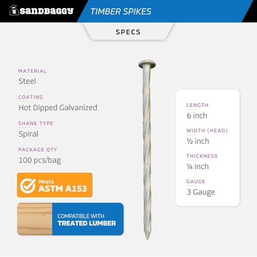 Sandbaggy 6" Spiral Landscape Timber Spikes - Galvanized Steel Nails - Landscaping Stakes, Artificial Turf Pins - 3 Gauge Steel (Metal, 300)