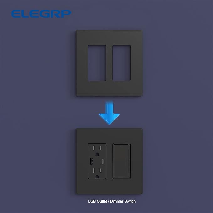 ELEGRP 2-Gang Screwless Decorative Wall Plates, Mid-Size Cover Plates, Unbreakable Thermoplastic Faceplate Cover for Decorator Receptacle Outlet Switch, UL Listed (20 Pack, Matte Black)