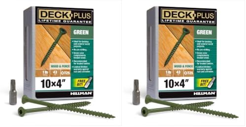 Deck Plus 4 Inch Epoxy Coated Exterior Wood and Fence Screws #10 x 4 Torx/Star Drive Included Coarse Thread, Outdoor Rust Resistant Decking Screw, Green, 1lb Box, 43 Pieces | 48409 (Pack of 2)