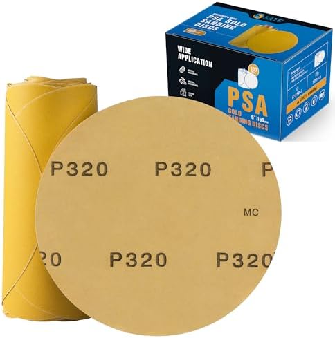 S SATC Premium Gold Sandpaper 6 Inch 100 PCS Sanding Discs 320 Grit Self Adhesive Stickyback Sandpaper Roll Aluminum Oxide PSA Sandpaper Discs for Wood, Metal, and Car Paint