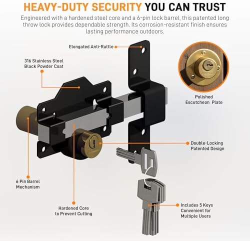GateMate 2 ¾” Double Locking Long Throw Gate Lock 5 Keys Included, Stainless Steel, High Durability, Ideal for Gates and Doors, Corrosion-Resistant.