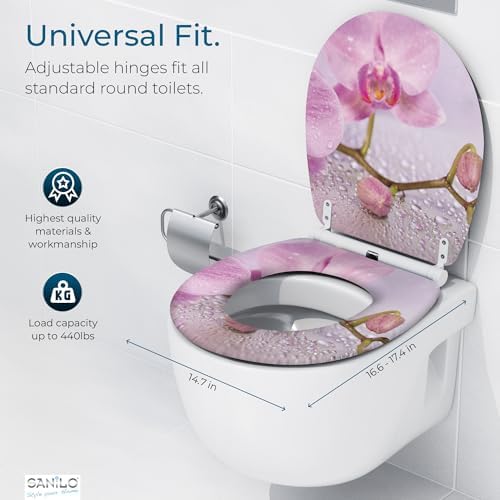 Sanilo Wooden Toilet Seat with Quick Release & Soft Close [ROUND] - Decorative & Slow Close Molded Wood Seat - With One Click for Easy Installation & Cleaning - With Adjustable Fit (Blooming)