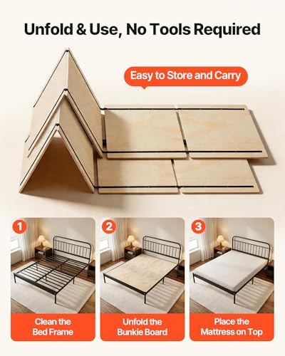 VEVOR Bunkie Board Full Size, 51" x 71" Foldable Box Spring, 0.4" Thicker Wooden Bed Boards for Under Mattress, Bed Slats with No Assembly Required, Easy-to-use Bed Support Board