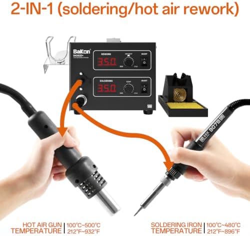 Bakon 852d+ Heat Gun And Soldering Iron 2-In-1 Kit, Smd Hot Air Rework Soldering Station, Multiple Functions Electronics Kit, Led Digital Display, Knob Type Adjustable Temperature