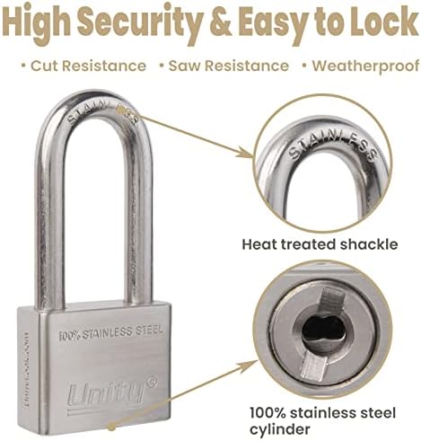 Unity Marine Padlock Keyed Alike 100% Stainless Steel Weatherproof for Sea, Boat, Port, Gate, Anti-Pick (5, 50mm Long Shackle)