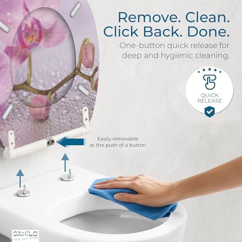 Sanilo Wooden Toilet Seat with Quick Release & Soft Close [ROUND] - Decorative & Slow Close Molded Wood Seat - With One Click for Easy Installation & Cleaning - With Adjustable Fit (Blooming)