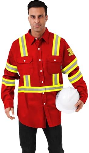 FR Shirts for Men 7oz High Visibility Fire Resistant Shirts CAT2 Welding Shirt 100% Cotton Hi Vis Flame Resistant Shirt Red(2X-Large)