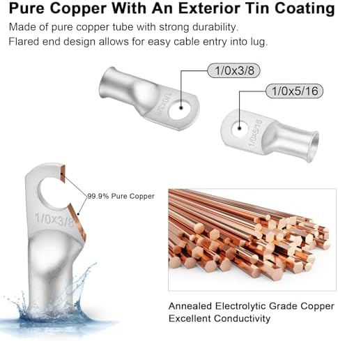 iGreely 1/0 AWG Gauge Wire,Flexible 10 Ft Black + 10 Ft Red Pure Copper Battery Welding Cable for Rv Solar, 5pcs of 5/16"" & 5pcs 3/8"" Copper Cable Lugs Terminal Connectors with Heat Shrink Tubing