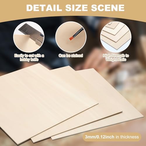 12 Pack Basswood Sheets for Crafts 16"x16"x1/8", 3mm Thick Plywood Sheets Board for Craft, Unfinished Wood Sheet for Laser Cutting & Engraving, Wood Burining, Painting, Staining，Architectural Model