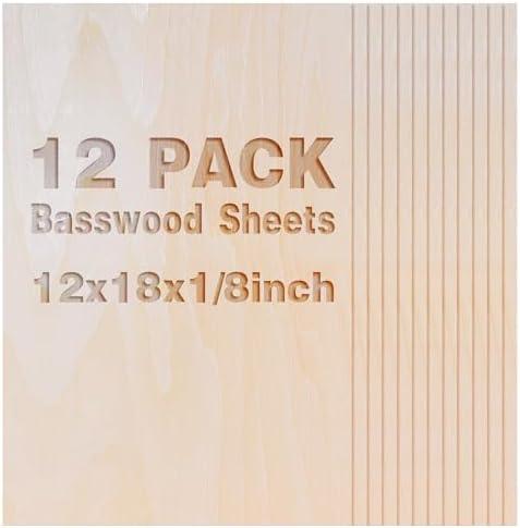 12 Pack Basswood Sheets 1/8x18x12 Inch, Unfinished Wood for Crafts, 3mm Basswood for Laser Cutting Engraving, Wood Burning, Architectural Models, Plywood Board for Painting. (18x12x1/8inch)
