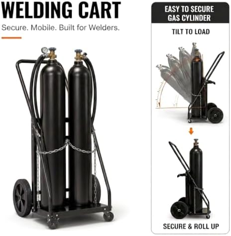 Dual Welding Cylinder Cart, Oxygen Acetylene Tank Cart with 440LBS Weight Capacity, 10-Inch Solid Wheels and Tank Storage Safety Chains, Suitable for Double 12.5-Inch Dia. Gas Cylinders