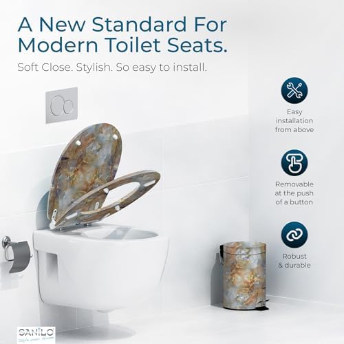Sanilo Wooden Toilet Seat with Quick Release & Soft Close [ROUND] - Decorative & Slow Close Molded Wood Seat - With One Click for Easy Installation & Cleaning - With Adjustable Fit (Marble Brown)