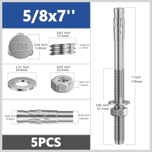 Wensilon 5Pcs 5/8x7 Inch Standard Fasteners for Heavy-Duty 304 Stainless Steel Wedge Anchors for Cement and Concrete