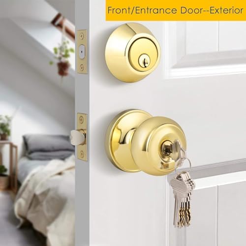 3 Pack Polished Brass Round Style Entry Door Knobs and Deadbolt Combination Set, Keyed Alike Double Cylinder Deadbolt Door Lock Set
