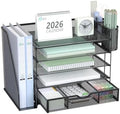 WALI Desk File Organizer, 5 Tier Desktop Paper Letter Tray Organizer with Drawer and 2 Pen Holders, Office Desk Accessories & Workspace Organizers for Office, Home Supplies(DO006DH-B), 1 Pack, Black