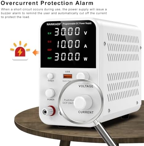 DC Power Supply Variable, Bench Power Supply with Encoder Adjustment Knob, Output Enable/Disable Button, Adjustable Power Supply with USB Quick-Charge, Short Circuit Alam (30V 10A White)