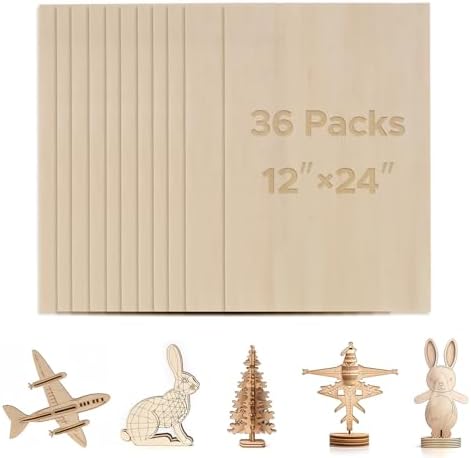 OMTech 36 Pack Birch Plywood Sheets, 12x24 Inch Plywood Sheets for Crafts, 1/8" Thick Wood for Laser Cutting Engraving, Unfinished Wood Boards for DIY Projects Drawing Painting