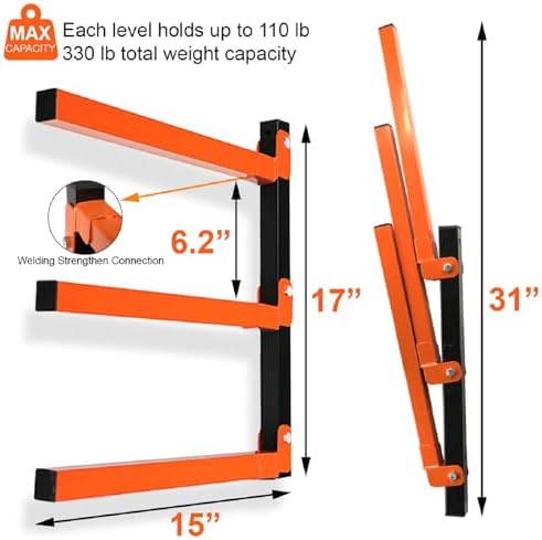 Thanaddo 3-Level Metal Storage Rack, Heavy Duty Wall Mount, 330 lb Capacity, for Lumber, Wood, Pipes, Garage, Workspace (2 Pack)