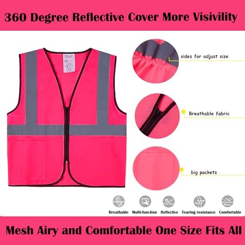 Pink Safety Vests 10 Pack - Reflective High Visibility Construction ANSI Class 2 Work Vests for Men,Woman with Zipper,Hi Vis Mesh and Neon Silver