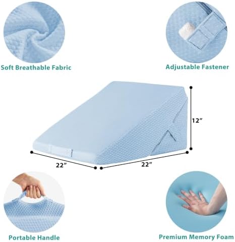 Bedluxe Wedge Pillow for Sleeping, Adjustable 9&12 Inch Foldable Bed Wedge Pillow Set, Orthopedic Memory Foam Triangle Pillows Wedge, 7-in-1 Elevated Pillows for Leg and Back Support, Light Blue