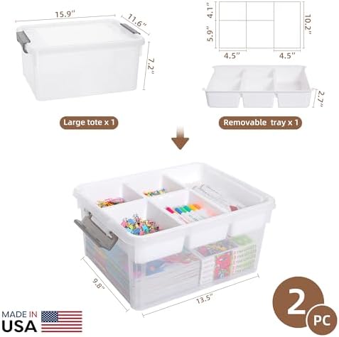 Citylife 17QT 2Packs Clear Craft Organizers and Storage Box with Tray