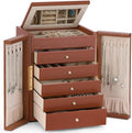 Dajasan Large Jewelry Organizer Box, 6-Tier Jewelry Storage Case with 5 Drawers, Jewelry Boxes for Women Girls with Mirror, Double Door, Textured PU Leather, Gift Idea, Stylish (Brown + Gold)