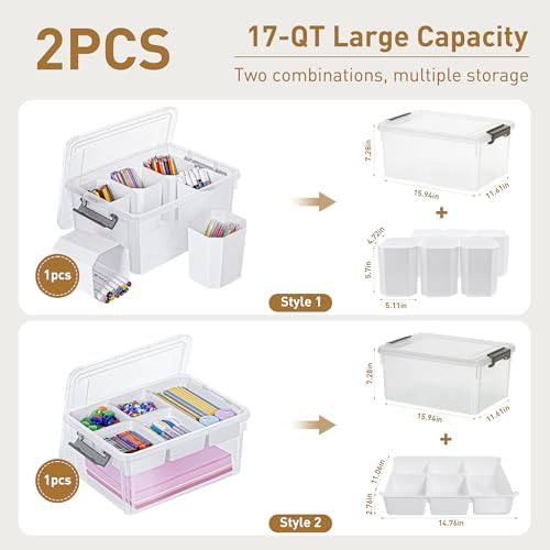 Citylife 17QT 2Packs Clear Craft Organizers and Storage Bins with Lids