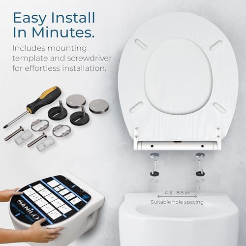 Sanilo Wooden Toilet Seat with Quick Release & Soft Close [ROUND] - Decorative & Slow Close Molded Wood Seat - With One Click for Easy Installation & Cleaning - With Adjustable Fit (White Wood)
