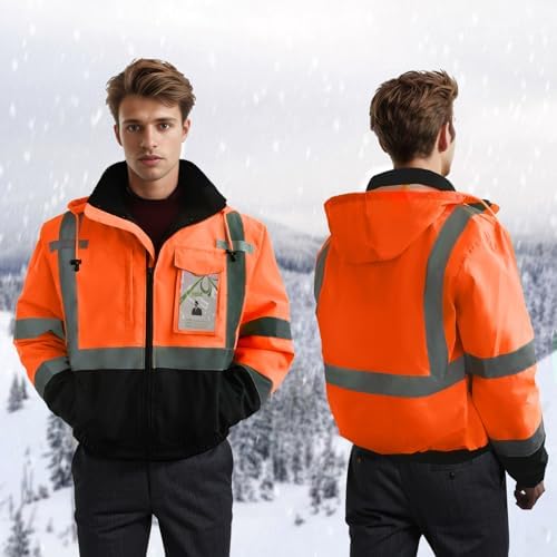 Reflective Jackets, High Vis Safety Work Jacket with Pockets for Men& Women, Construction Coats for Winter Cold Weather, Waterproof Rain Gear, Class 3, Orange-Black, L
