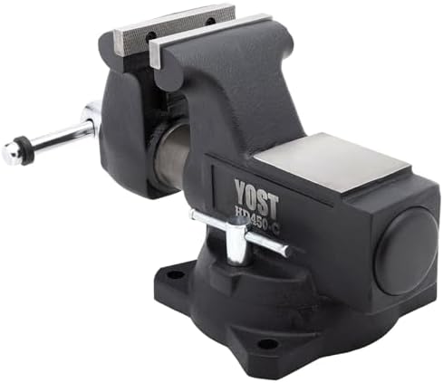 Yost HD450-C Heavy Duty 4-1/2 Inch Mechanics Work Bench Vise | Heavy Duty Woodworking & Metal Work Table with Secure Grip Swivel Base | 60,000 PSI Casting Iron Material with Extra-large Anvil Surface