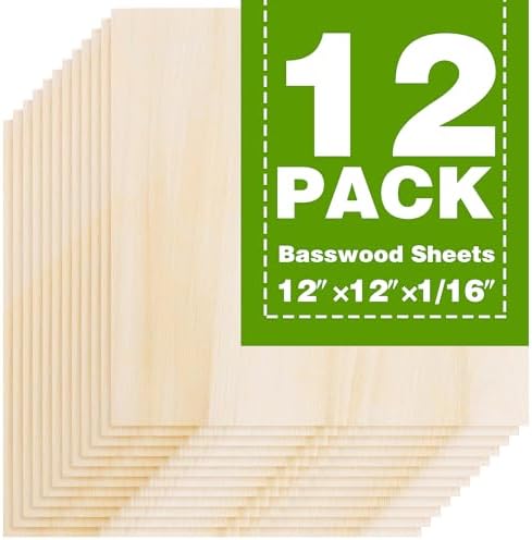 Basswood Sheets 12"x12"x1/16,1.5mm Basswood for Laser Cutting,Thin Plywood Board Unfinished Wood for Crafts, DIY Architectural Models Making, Wood Engraving (12inchx12inch-1/16-12Packs)