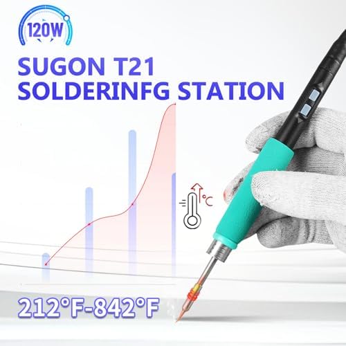 SUGON T21 Digital Soldering Iron Station 120w, Use 9 Soldering Iron Tip 3 Seconds Fast Heat up 716℉, 3 Temperature Memory Storage, 212℉-842℉, Auto Sleep, C / °F, Quick Change Soldering Tip Holder