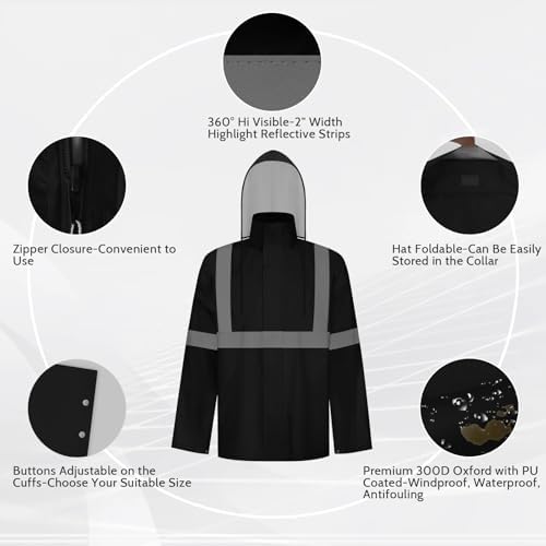 TCCFCCT High Vis Rain Jacket Rain Suits for Men Waterproof, Hi Vis Rain Coat for Men Women with Hood, High Visibility Rain Gear for Safety Work, Reflective raincoat for Outdoor, S-M Black NP
