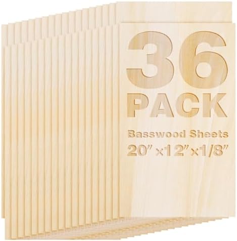 Basswood Sheets 20"x12"x1/8",3mm Basswood for Laser Cutting,Thin Plywood Board Unfinished Wood for Crafts, DIY Architectural Models Making, Wood Engraving (20inchx12inch-1/8-36Packs)