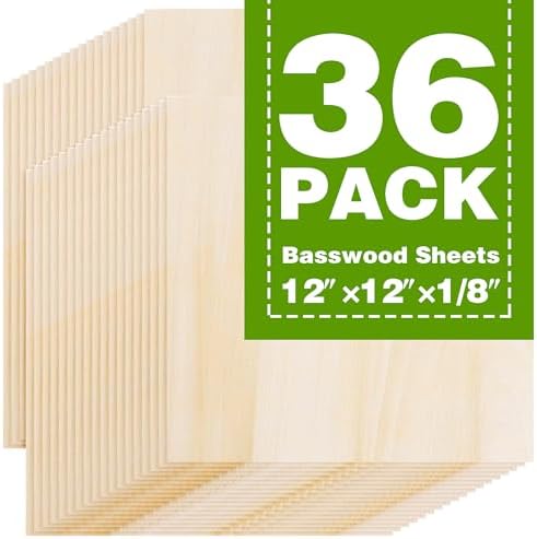 Basswood Sheets 12"x12"x1/8",3mm Basswood for Laser Cutting,Thin Plywood Board Unfinished Wood for Crafts, DIY Architectural Models Making, Wood Engraving (12inchx12inch-1/8-36Packs)