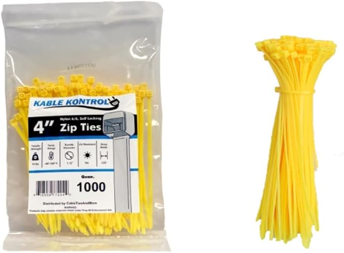 Kable Kontrol Cable Zip Ties, 4 Inch, 1000 Pcs, 18lbs Test, Yellow | Nylon Plastic, Self Locking, UL Listed, Indoor Use