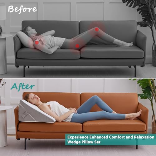 Bedluxe Wedge Pillow for Sleeping, Adjustable 9&12 Inch Foldable Bed Wedge Pillow Set, Orthopedic Memory Foam Triangle Pillows Wedge, 7-in-1 Elevated Pillows for Leg and Back Support, White/Grey