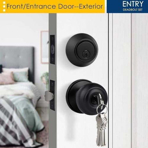 1 Pack Keyed Alike Entry Door Knobs and Double Cylinder Deadbolt Lock Combo Set, Matte Black Finished Door Lock Set, Round Style Door Knobs Deadbolt