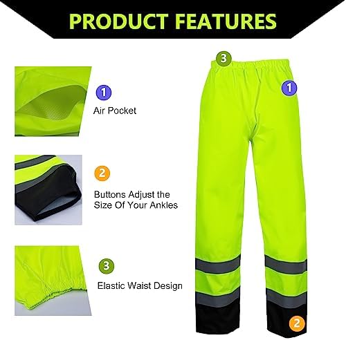 FONIRRA Class 3 High Visibility Rain Suit With Detachable Hood Waterproof Lime Reflective Safety Worker Jacket & Pants (S/M Yellow)
