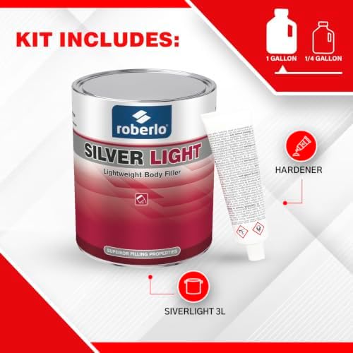 Roberlo Silver Light Multipurpose Body Filler - Superior Filling Properties, Easy Sanding, Great Adhesion to All Metal, Tack & Stain Free, Saves Time & Labor, Ideal for Heavy Fill Jobs, Smooth Texture