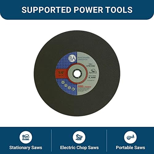 Benchmark Abrasives Aluminum Oxide Type 1, 14 Inch Chop Saw Blade, Cutting Wheel with 3/32" X 1" Arbor, Fast Circular Saw Blades for Cutting Metal Steel Drywall - Grinding Wheel - 10 Pack