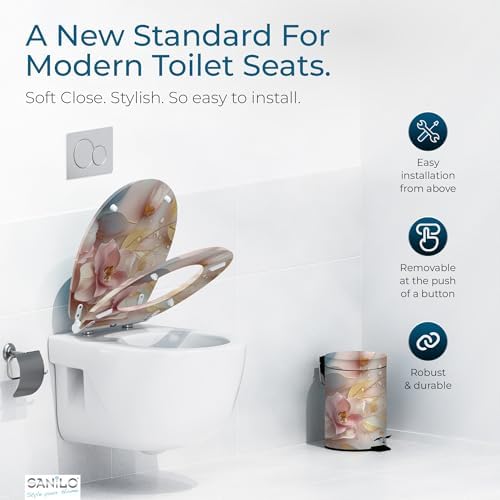 Sanilo Wooden Toilet Seat with Quick Release & Soft Close [ROUND] - Decorative & Slow Close Molded Wood Seat - With One Click for Easy Installation & Cleaning - With Adjustable Fit (Florentia)
