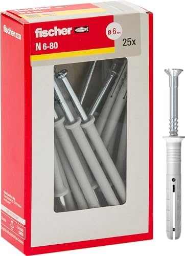 fischer 508275 Extension Dowel for Knocking N 6x80 Y, Impact Fixing with pre-Assembled Nail for Full, semi-Filled and Concrete, 25 Pieces per Pack, Gray, 6X80 MM